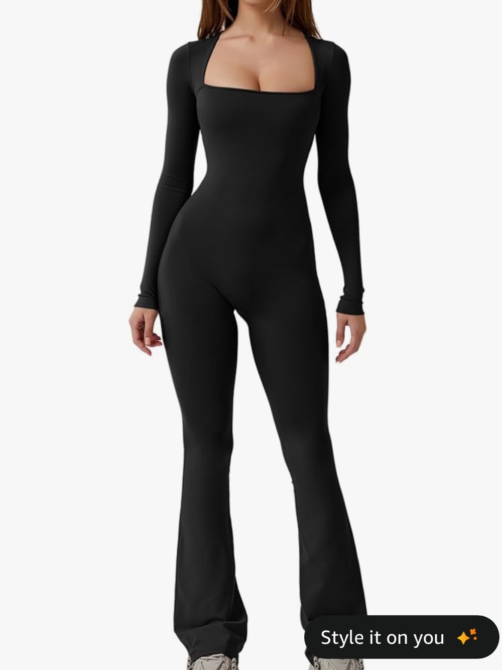 Square Neck Black Long-Sleeve Jumpsuit